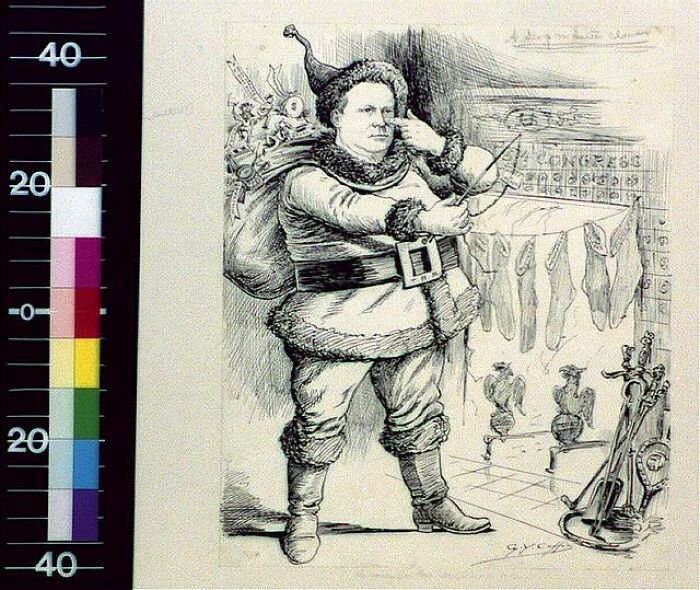 Black and white 1800s cartoon showing a man dressed as Santa Claus in a room with hanging stockings and musical instruments.