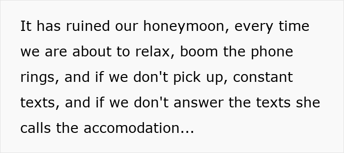 Constant calls from helicopter mom about grandkids ruin couple’s honeymoon, causing stress and ruining their trip. Constant calls from helicopter mom about grandkids ruin couple’s honeymoon, causing stress and ruining their trip.