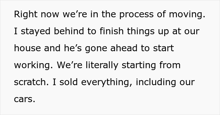 Text excerpt about woman selling everything for cross-country move, husband failing tasks, and public shaming situation. Text excerpt about woman selling everything for cross-country move, husband failing tasks, and public shaming situation.