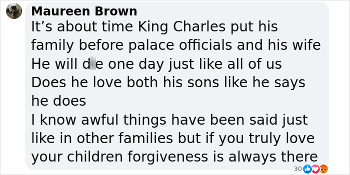 Facebook comment on Prince Harry and King Charles family issues, discussing love, forgiveness, and palace dynamics.