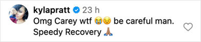 Comment on Instagram from user kylapratt expressing concern and wishing speedy recovery after bike accident post surgery.