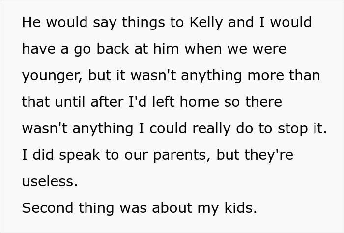 Text excerpt discussing family tensions involving a bully and the refusal to invite him to a wedding. Text excerpt discussing family tensions involving a bully and the refusal to invite him to a wedding.