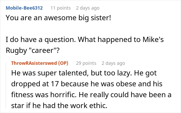 Reddit conversation discussing a couple going ballistic after daughter refuses to invite bully brother to wedding. Reddit conversation discussing a couple going ballistic after daughter refuses to invite bully brother to wedding.