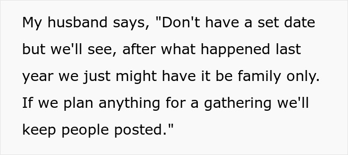 Text excerpt showing a spouse discussing keeping gatherings family only after neighbors sent relatives to use their pool without consent. Text excerpt showing a spouse discussing keeping gatherings family only after neighbors sent relatives to use their pool without consent.