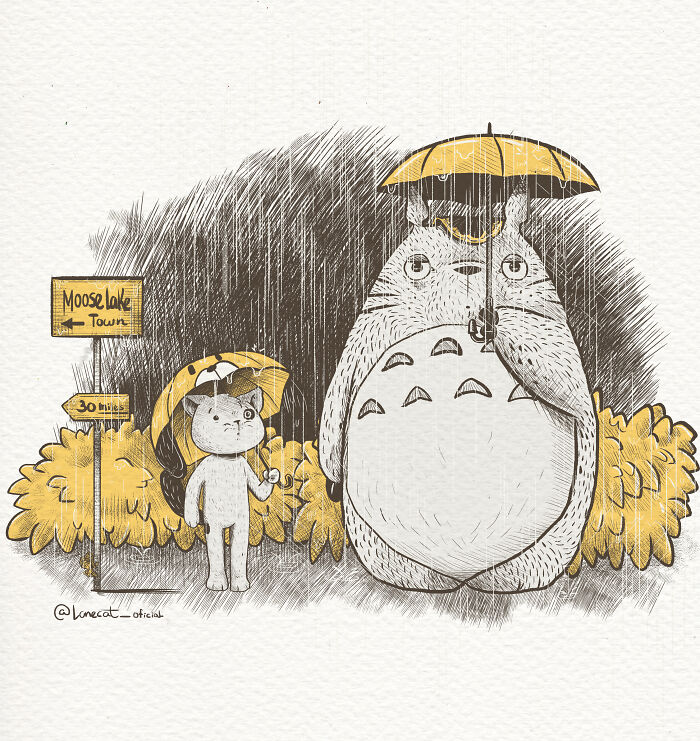 Cat art featuring two characters holding yellow umbrellas in the rain, standing by a Moose Lake Town sign with yellow foliage.