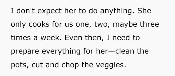Text excerpt showing a husband complaining his wife does nothing for his mom and cooks rarely, highlighting family conflict. Text excerpt showing a husband complaining his wife does nothing for his mom and cooks rarely, highlighting family conflict.