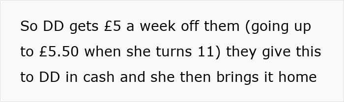 Text excerpt discussing weekly cash money given to child, related to jealous grandparents and ex-in-laws generosity issues. Text excerpt discussing weekly cash money given to child, related to jealous grandparents and ex-in-laws generosity issues.