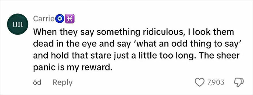 Screenshot of a comment describing a tactic used to deal with toxic coworkers by holding a stare to cause panic.