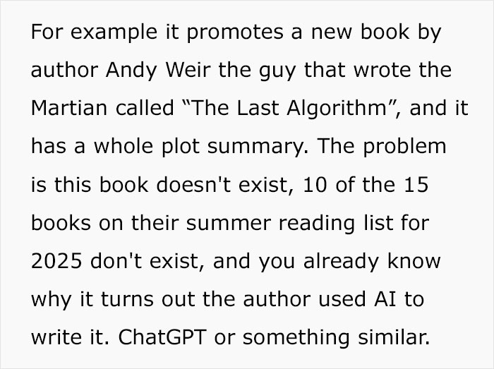 Text explaining a 2025 summer reading list promoting several books that do not actually exist, possibly AI-generated. Text explaining a 2025 summer reading list promoting several books that do not actually exist, possibly AI-generated.