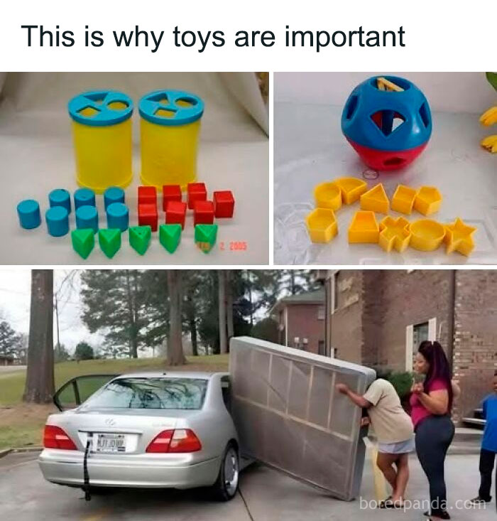 Image showing shape-sorting toys above and a person struggling to fit a large mattress into a small car, highlighting sarcastic humor.
