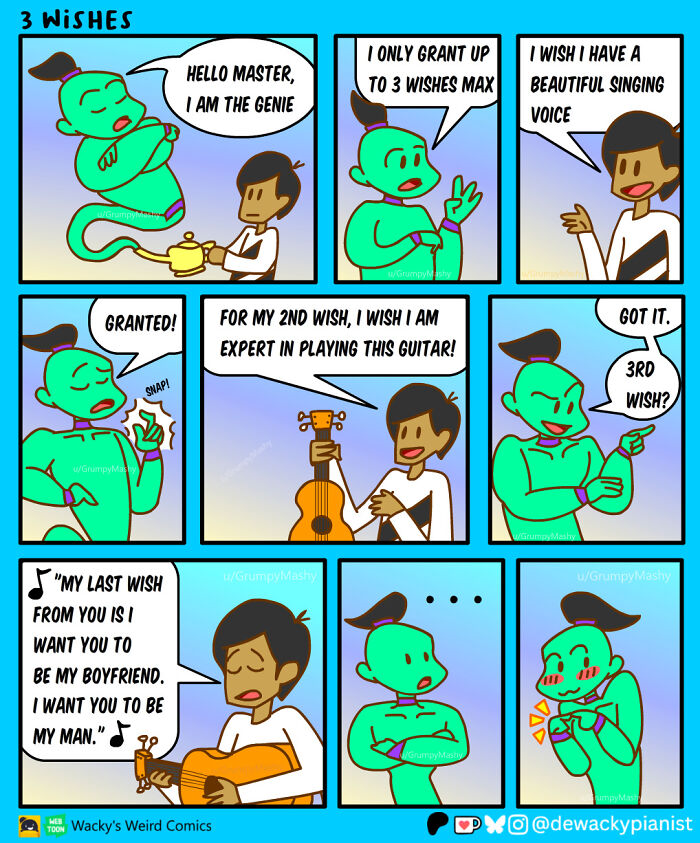 Comic strip showing a genie granting three wishes in a chaotic and hilarious comic style by this artist.