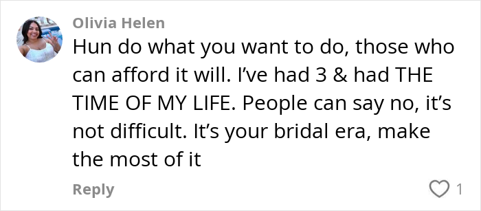 Comment from Olivia Helen about paying for hen parties and enjoying the bridal era during internet debates on costs. Comment from Olivia Helen about paying for hen parties and enjoying the bridal era during internet debates on costs.