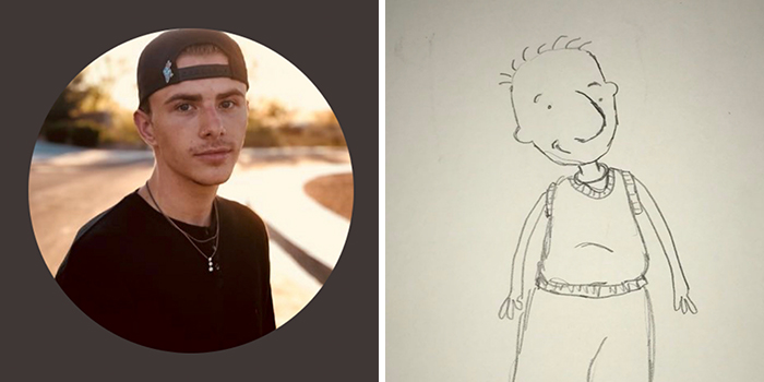 Person's profile pic next to a humorous drawing makeover by an artist, featuring exaggerated features.
