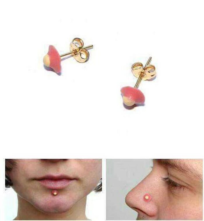 Pink and yellow stud earrings resembling pimples on a person's chin and nose in cursed images.