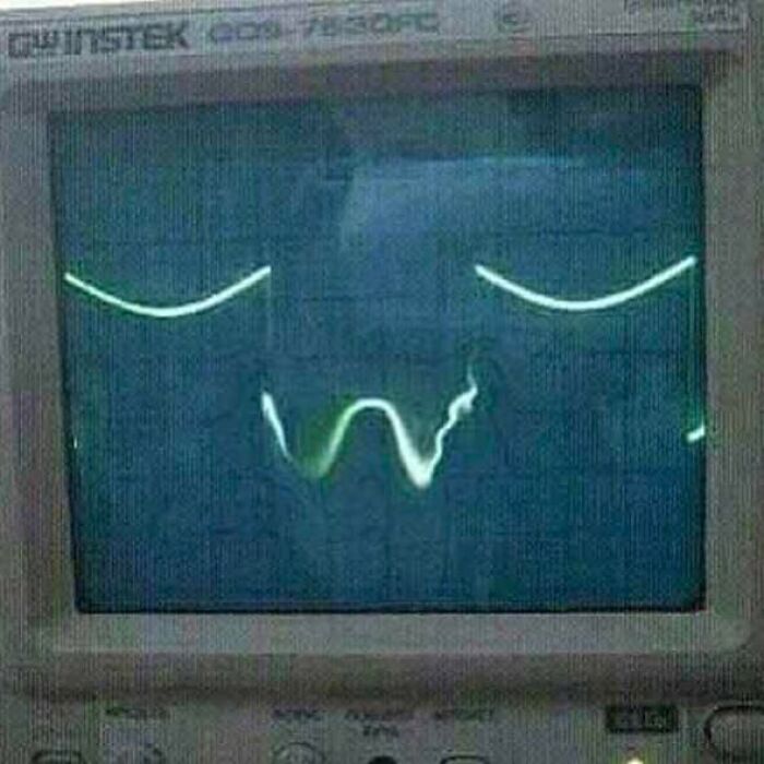 Oscilloscope screen showing a distorted waveform resembling a face, a classic cursed image for weird breaks.