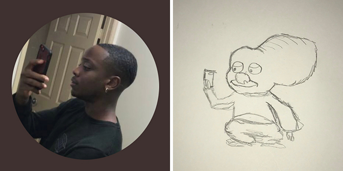 Profile pic makeover with a humorous drawing, featuring a person holding a phone next to a quirky sketch interpretation.