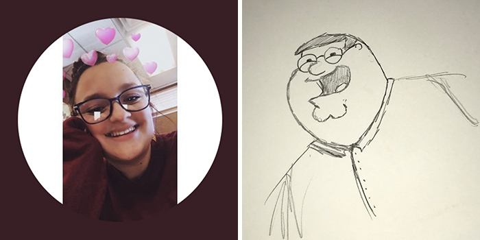 Profile pic with heart filter beside a cartoonish drawing makeover.