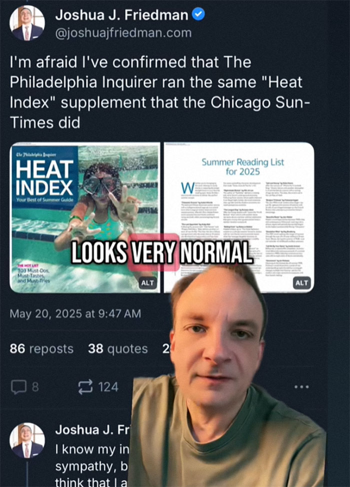 Man shares tweet about 2025 summer reading list in major newspapers with most books not existing. Man shares tweet about 2025 summer reading list in major newspapers with most books not existing.