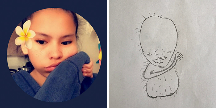 Profile pic makeover with an artistic, humorous drawing transformation, featuring a pensive person and a quirky sketch.