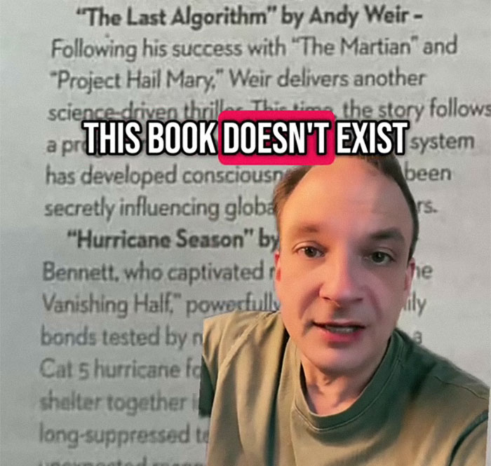 Man explaining 2025 summer reading list runs in newspapers highlighting many books don't exist, with text overlay. Man explaining 2025 summer reading list runs in newspapers highlighting many books don't exist, with text overlay.