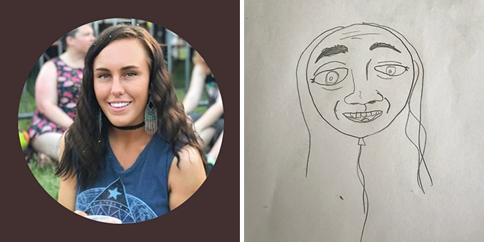 A woman's profile picture hilariously transformed into a quirky drawing by an artist.