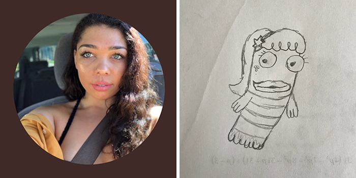 Profile pic next to a humorous drawing transformation by artist, showcasing a creative makeover.