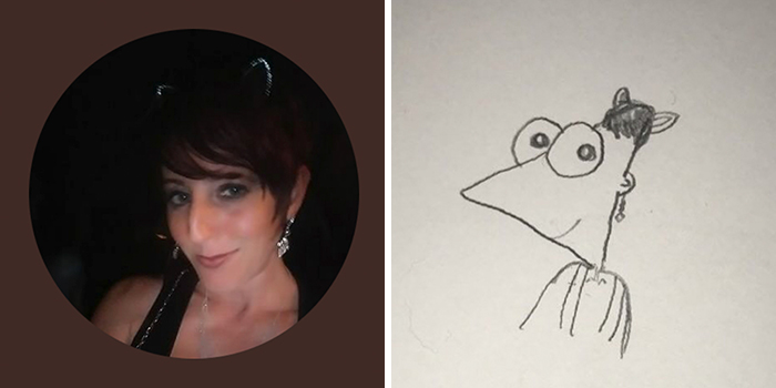 Profile pic makeover with a funny drawing by an artist, featuring a woman's photo and whimsical sketch.