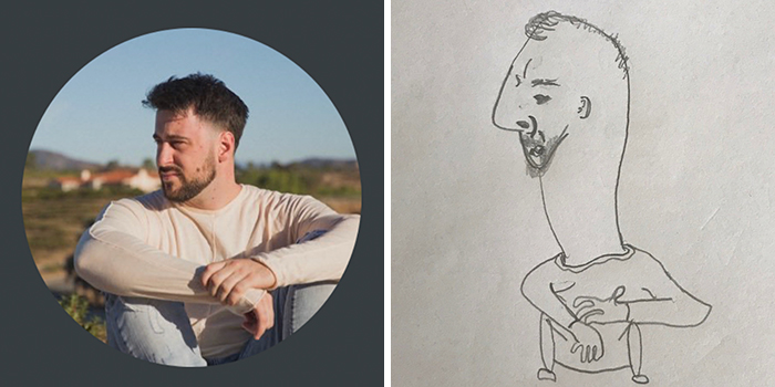 Profile pic makeover: person sitting outdoors turned into a humorous caricature with exaggerated features.
