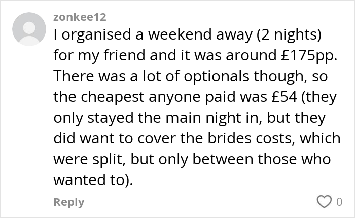 Comment discussing the costs and expenses of paying for hen parties in an online internet debate. Comment discussing the costs and expenses of paying for hen parties in an online internet debate.