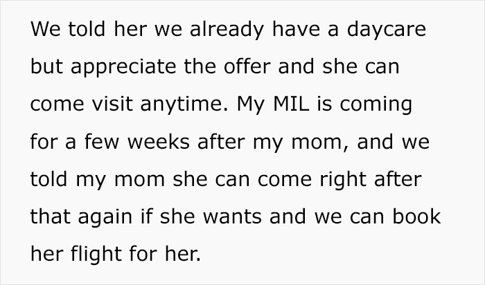 Text message discussing refusal of babysitting offer from an obese mom, mentioning daycare and scheduling visits. Text message discussing refusal of babysitting offer from an obese mom, mentioning daycare and scheduling visits.