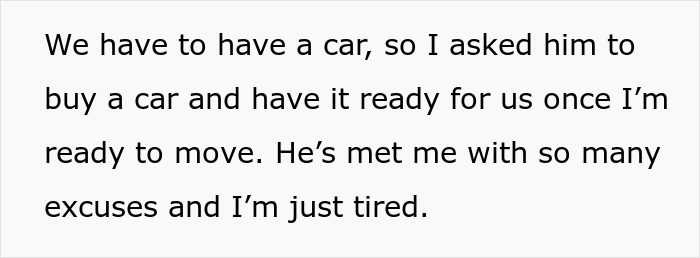 Text showing frustration as woman explains husband fails basic task of buying car despite cross-country move plans. Text showing frustration as woman explains husband fails basic task of buying car despite cross-country move plans.