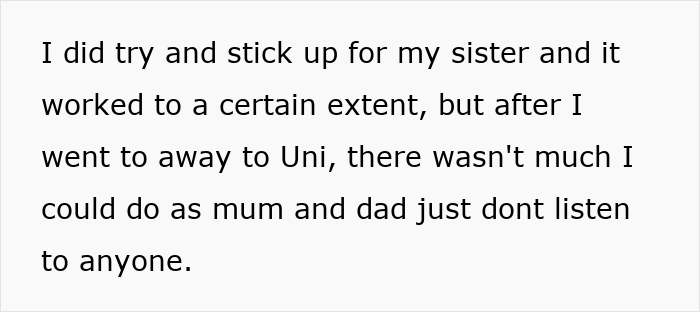Text about someone trying to support sister while parents ignore concerns in a family conflict involving a bully. Text about someone trying to support sister while parents ignore concerns in a family conflict involving a bully.