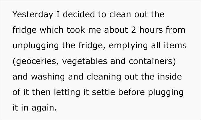 Text describing cleaning out the fridge, mentioning washing, unplugging, and emptying groceries and containers inside. Text describing cleaning out the fridge, mentioning washing, unplugging, and emptying groceries and containers inside.
