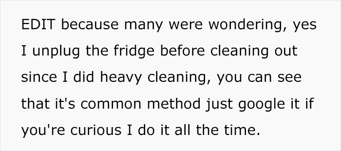 Text discussing unplugging the fridge before cleaning to prevent damage during heavy cleaning method. Text discussing unplugging the fridge before cleaning to prevent damage during heavy cleaning method.