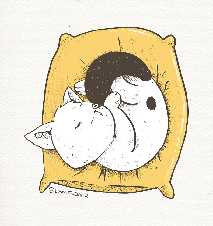 Illustration of a black and white cat sleeping curled up on a yellow cushion, showcasing cat art creativity.