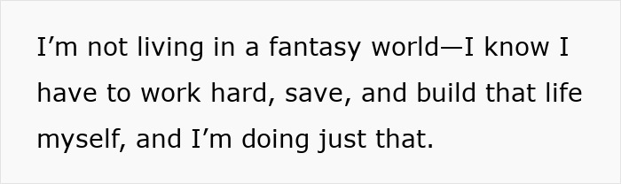 Text image showing a statement about working hard, saving, and building a life despite challenges in growing up and bad habits.