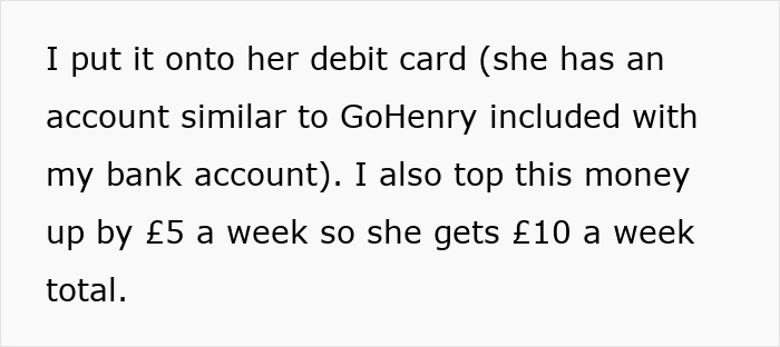 Text about adding money weekly to a child's debit card, highlighting grandparents' jealousy over generosity with kid money. Text about adding money weekly to a child's debit card, highlighting grandparents' jealousy over generosity with kid money.