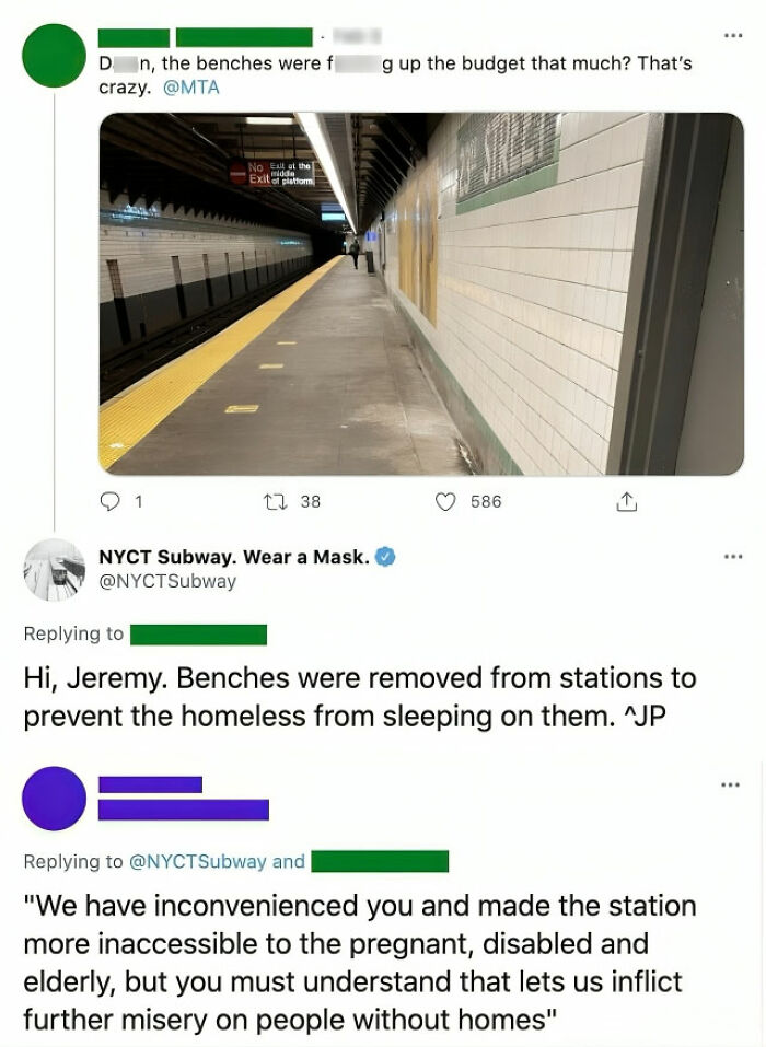 Subway benches removed to prevent homeless sleeping, sparking facepalm moments of common sense not being common.