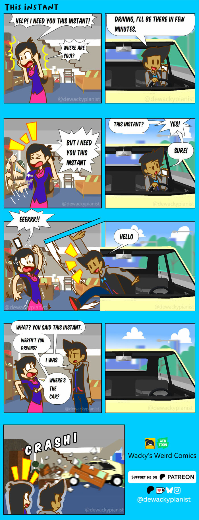 Chaotic and hilarious comic panels show a frantic call, driving confusion, and a car crashing through a house interior.