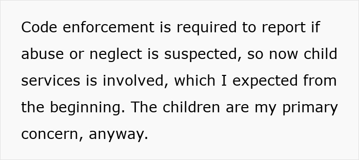 Text about code enforcement and child services involvement addressing neglect and child abuse concerns.