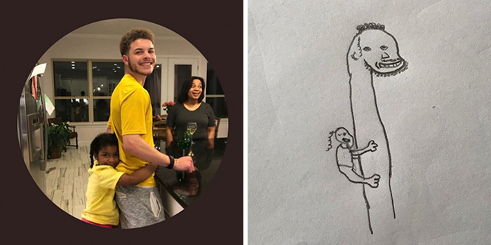 Profile pic makeover by artist: Original image of man and child in kitchen, and humorous drawing with elongated necks.