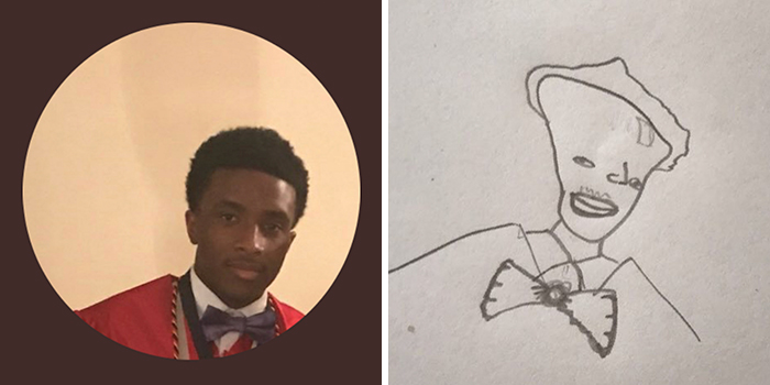A person's profile pic with a comedic drawing makeover next to it, highlighting the artist's humorous style.