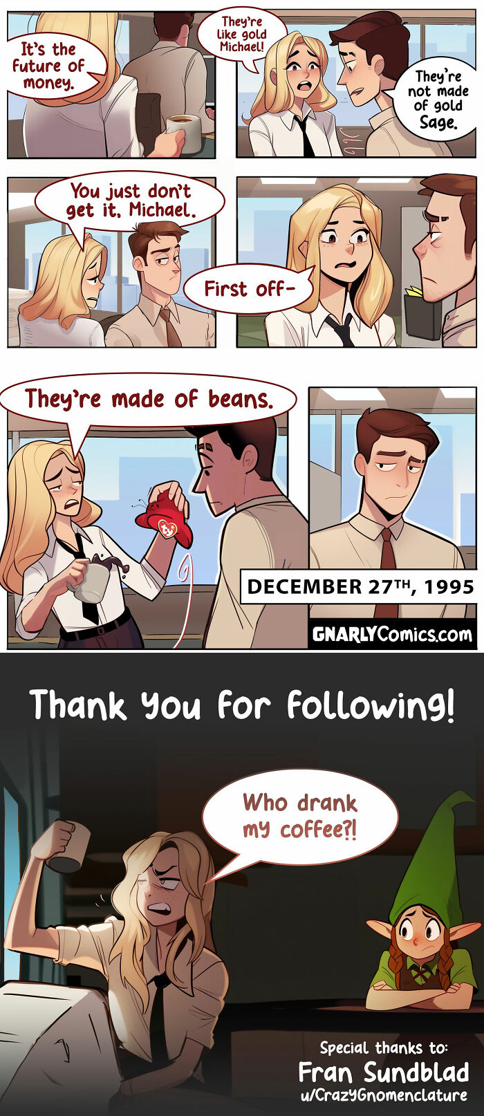 Comic strip by Victor Gnarly showing a woman reacting to an electric bill with surprise and laughter.