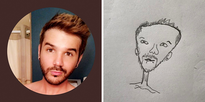 Profile pic hilariously transformed by artist's drawing; original on left, sketch on right highlighting exaggerated features.