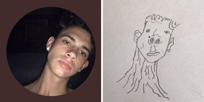 Person's profile pic with a humorous artistic makeover drawing on the right.