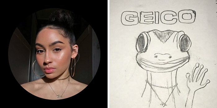 Profile pic and funny makeover drawing of a woman transformed into a Geico gecko.