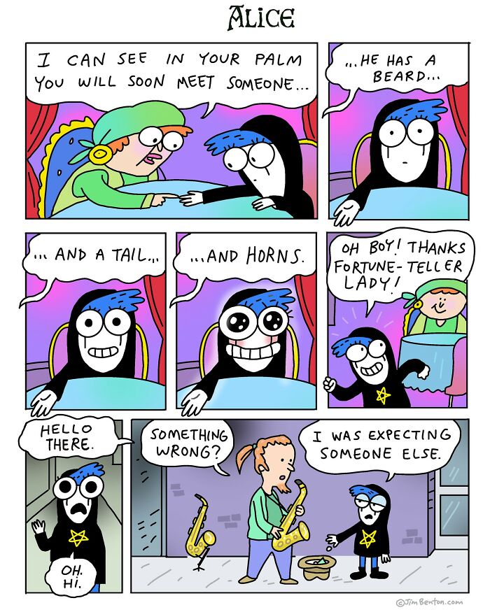 Comic strip by Jim Benton featuring a fortune teller predicting a beard, tail, and horns with a clever unexpected twist.