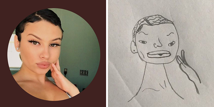 Profile pic and funny drawing makeover side by side, highlighting artist's humor in transforming images.