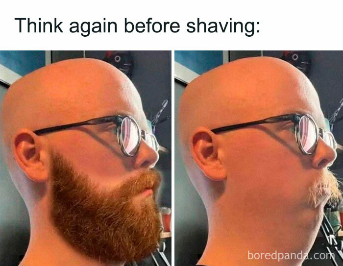Side-by-side images show a bald man with glasses before and after shaving his beard, funny meme about appearance change.