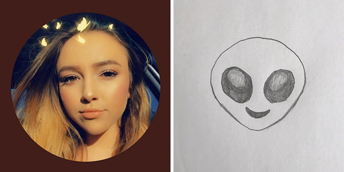 Woman's profile pic transformed into a humorous alien sketch by an artist.